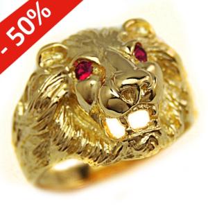 Bague chevalière tête de lion or 18k - yeux rouges - Modèle Orleac