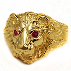 Bague chevalière tête de lion or 9k - yeux rouges - Modèle Orleac